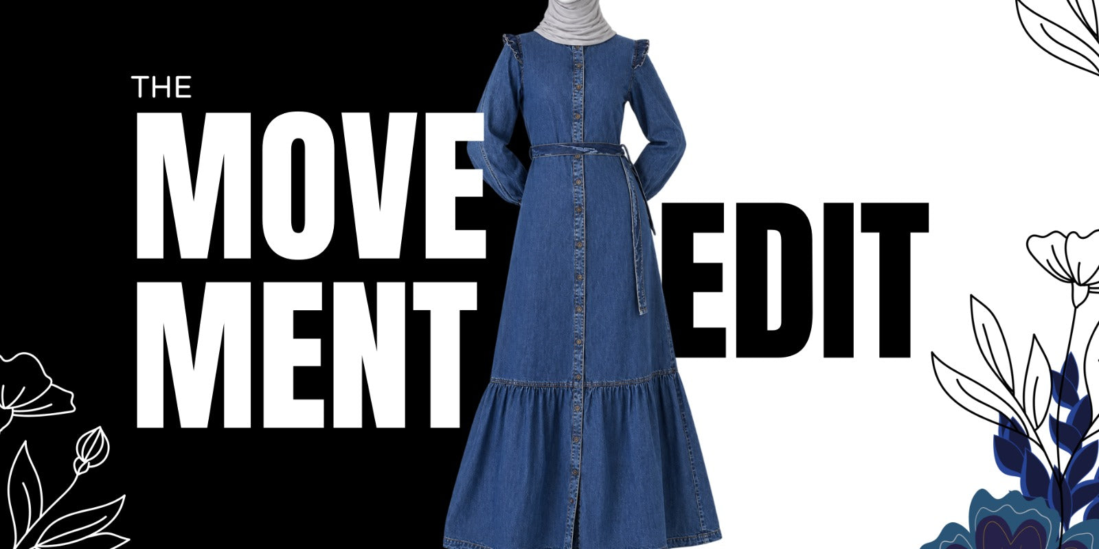 The Movement Edit — blue denim jilbab with a waist belt and tiered skirt