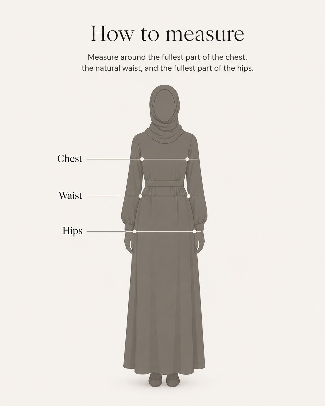 How to measure: measure around the fullest part of the chest, the natural waist, and the fullest part of the hips.